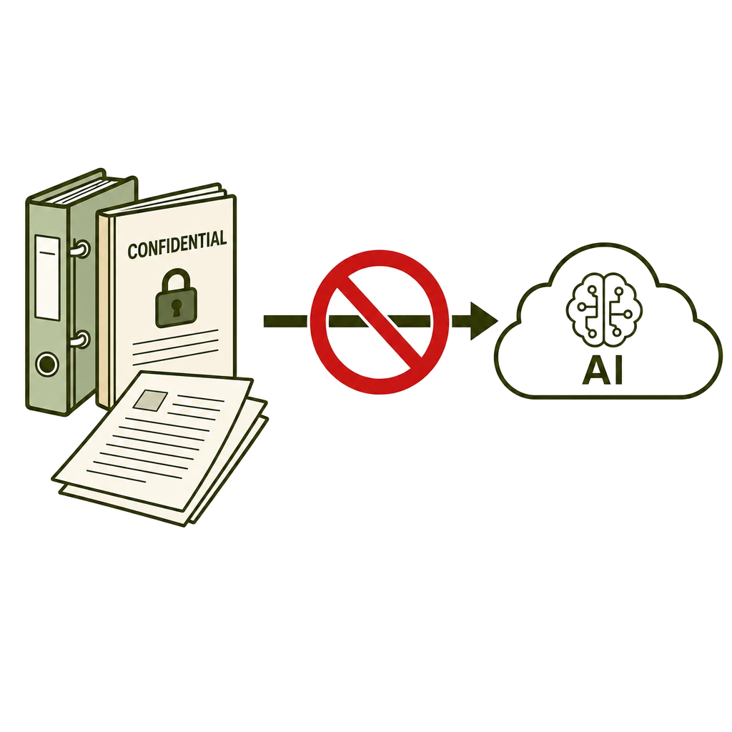 機密資料は、外部AIに渡せない──機密文書のクラウドAIへの転送が遮断されたイラスト